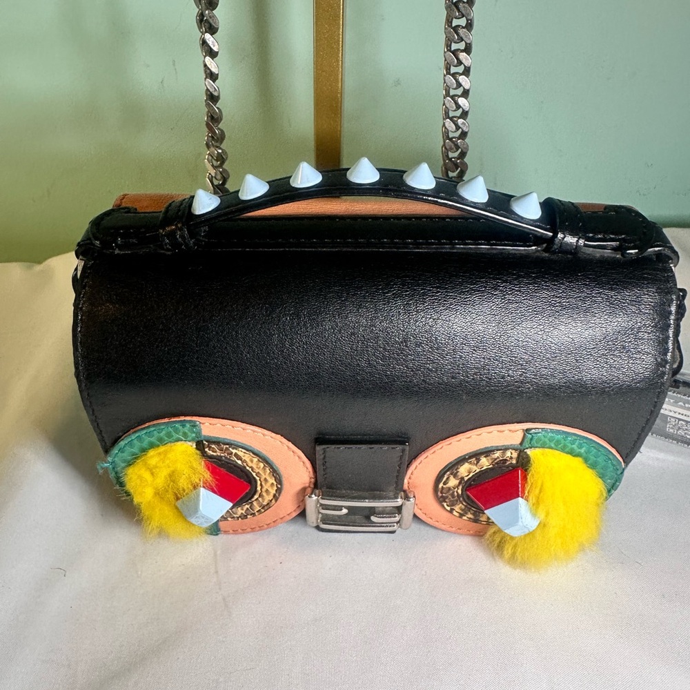 Fendi Monster Mini Baguette Crossbody Multicolor Leather Fur Chain Bag Rare - Picture 3 of 12